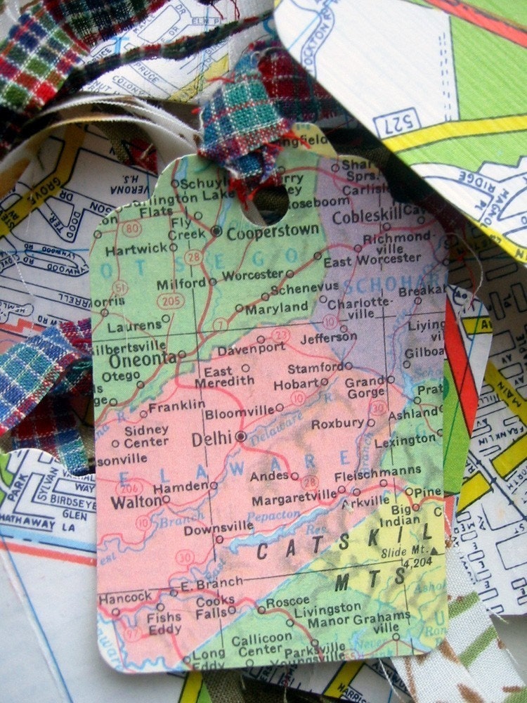 Map Gift Tags- Repurposed Vintage Maps- One Dozen Random Selection- Fabric Strip Strings