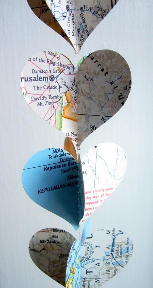 Map Heart Garland- Repurposed Vintage National Geographic Atlas- Handmade Mini Decoration- 30 Inches Long