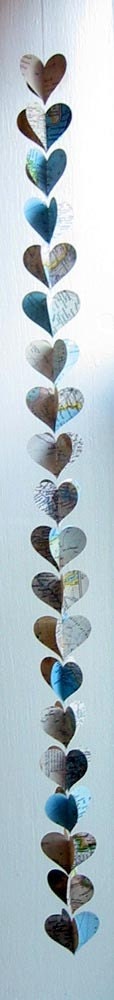 Map Heart Garland- Repurposed Vintage National Geographic Atlas- Handmade Mini Decoration- 30 Inches Long
