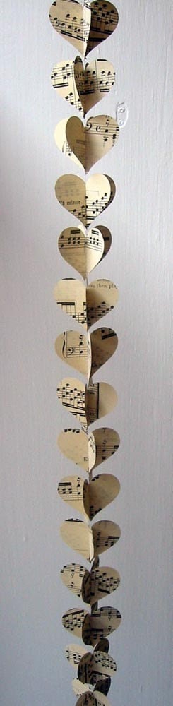 Heart Garland- Vintage Sheet Music- Express Your Love- Paper Heart Garland Decoration- Ready to Ship