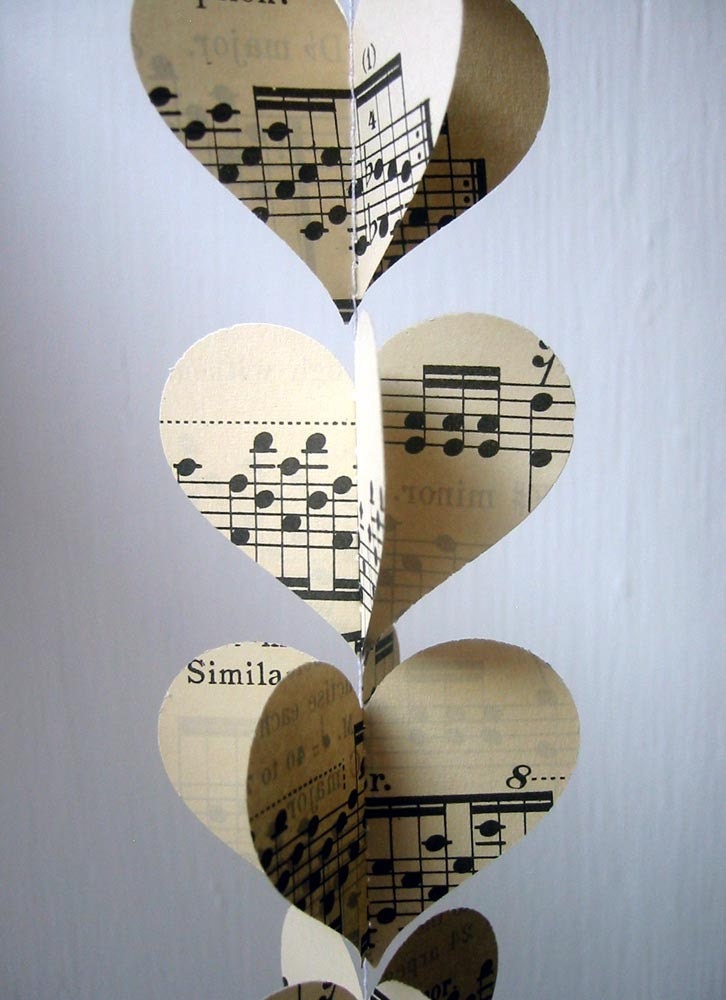 Heart Garland- Vintage Sheet Music- Express Your Love- Paper Heart Garland Decoration- Ready to Ship