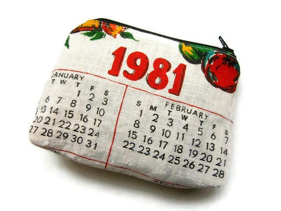Zipper Pouch- 1981 Repurposed Vintage Calendar Tea Towel- Handmade