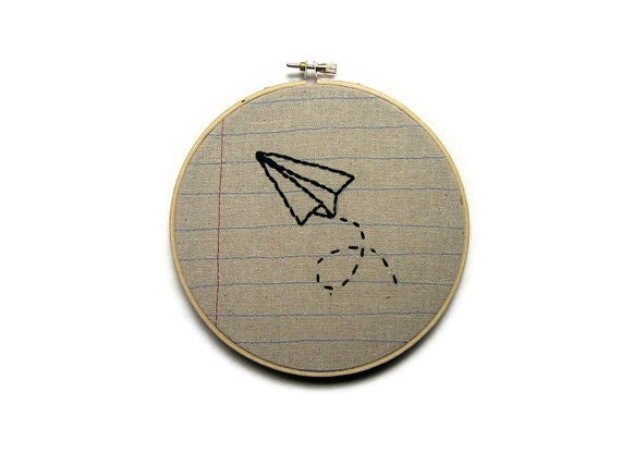 Paper Airplane- Six Inch Embroidery Hoop Wall Art- Machine Stitched and Hand Embroidered