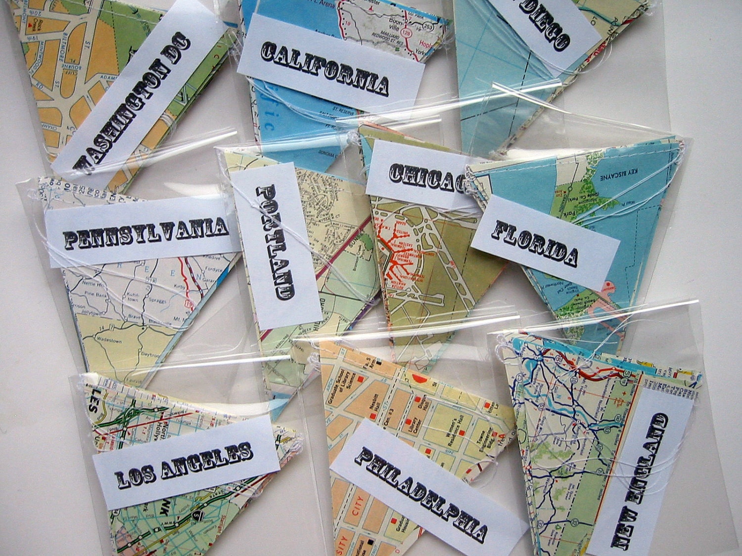 WHOLESALE- 10 Mini Garlands- Vintage Map Garlands- Random Assortment of States and Cities- Map Decorations