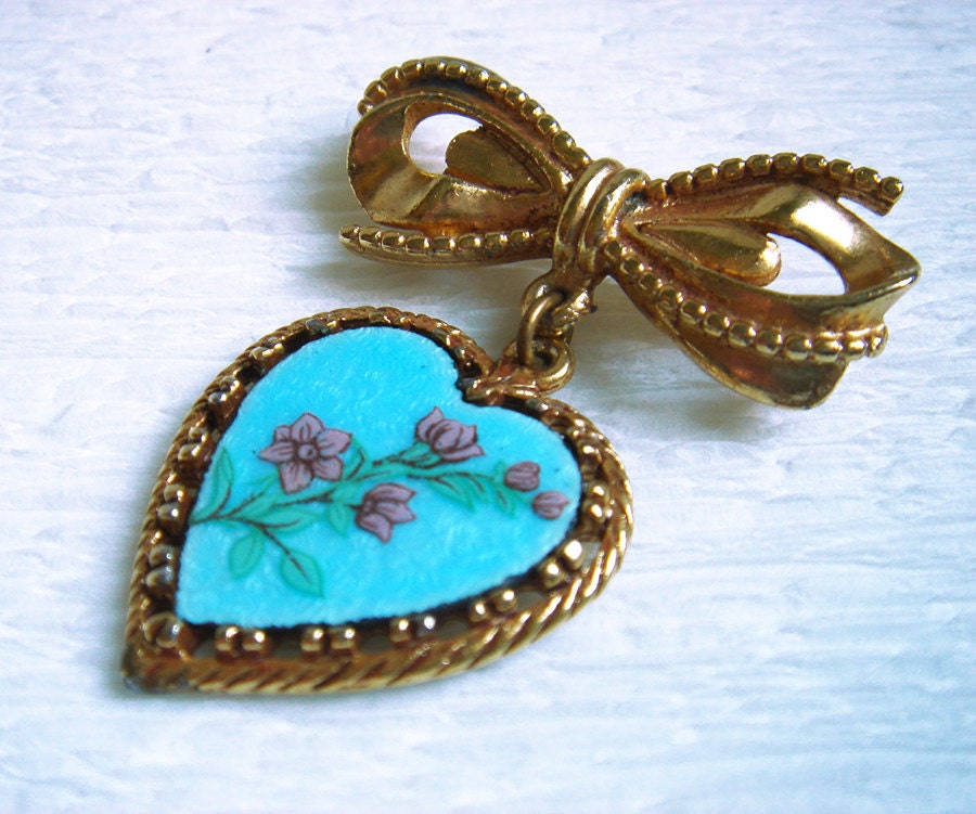 Vintage brooch bow and dangling heart with flowers