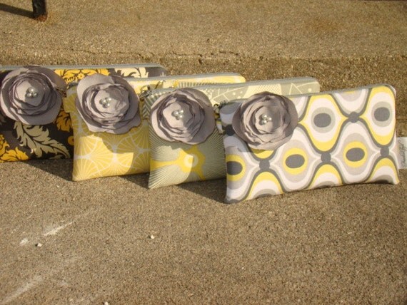 Yellow and Gray Custom Made Bridesmaids Wristlets ... Set of 4 w/detachable flowers