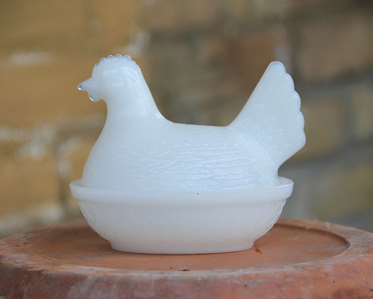 Milk Glass Chicken Candy Container