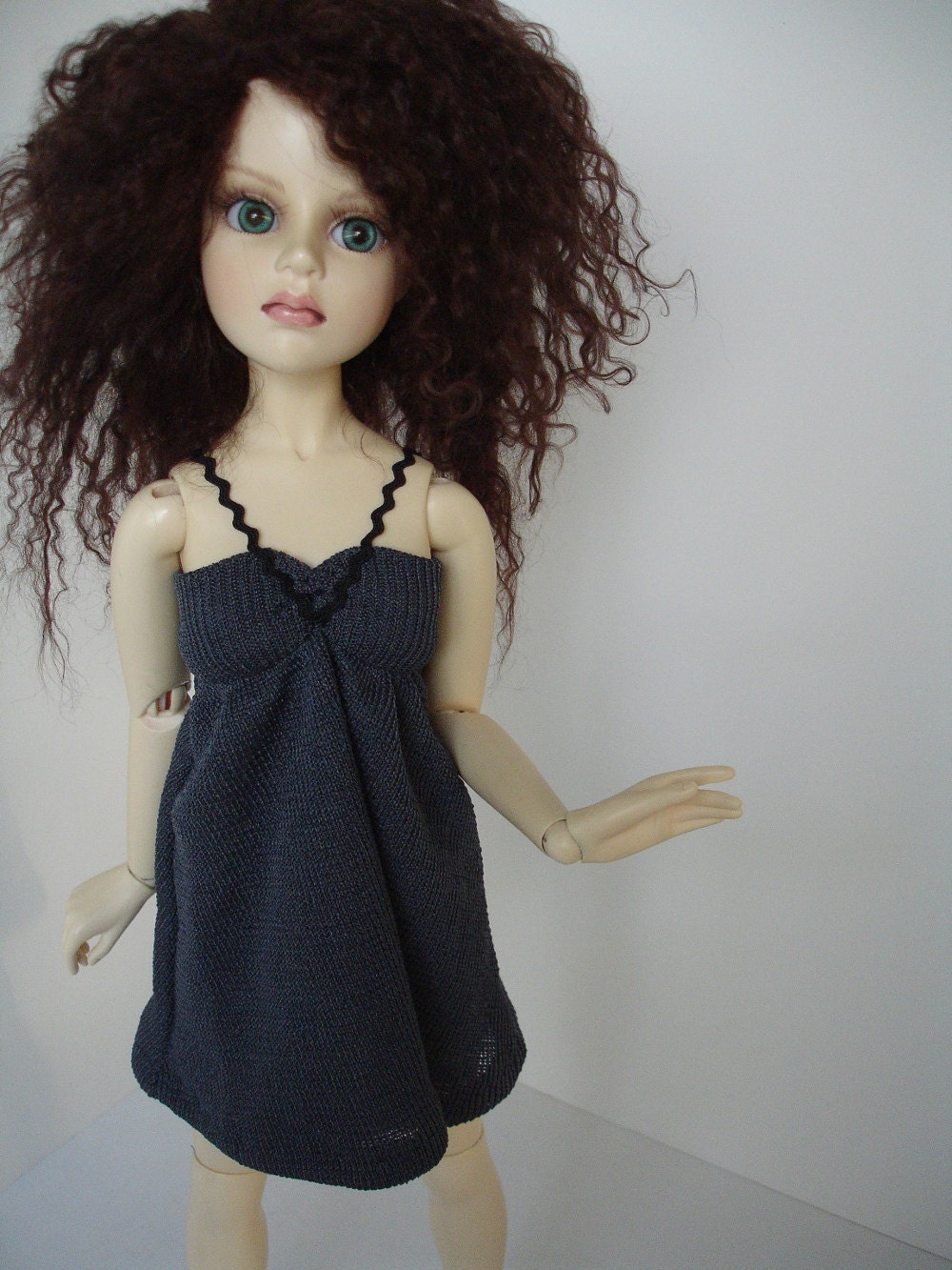 OOAK Grey knit empire dress with black straps for MSD ball-jointed &16 inch fashion dolls