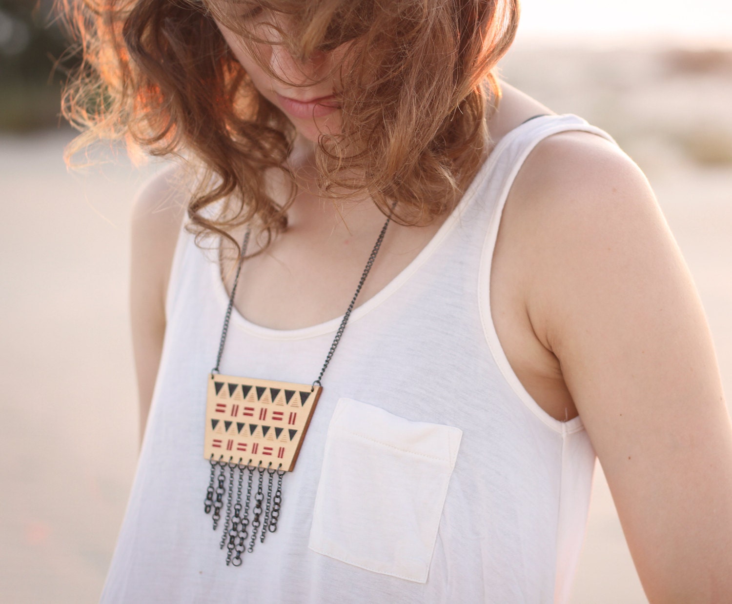 Navajo Wooden Geometric Necklace Chain Fringe. Red and Black. Triangle. Ethnic. Pattern.