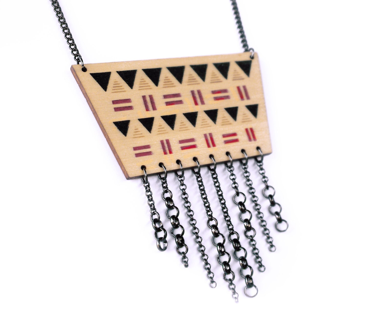 Navajo Wooden Geometric Necklace Chain Fringe. Red and Black. Triangle. Ethnic. Pattern.
