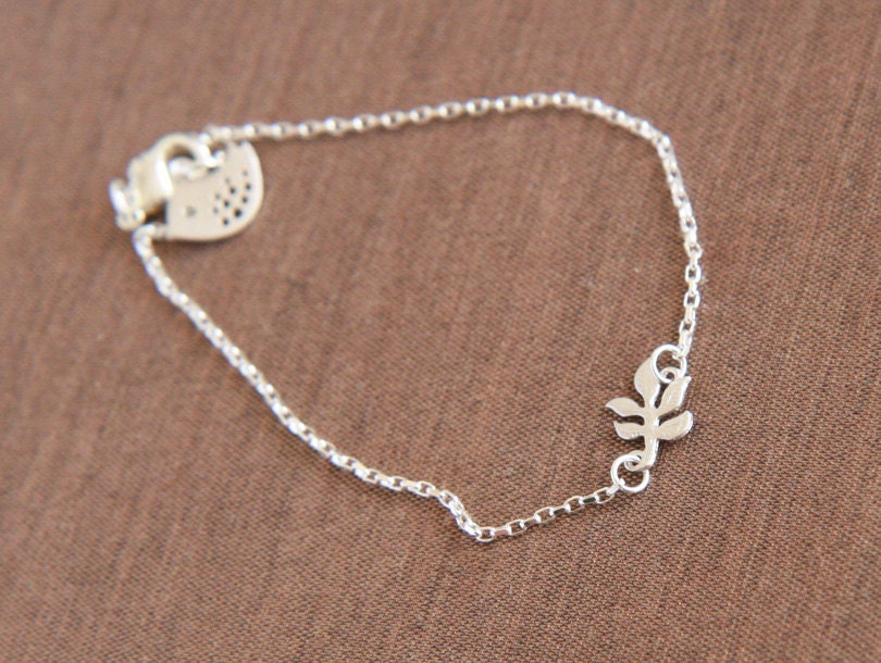 Silver Bracelet - Tiny Silver Leaf,  Little Bird Bracelet, Dainty Sterling Silver