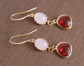 25% Off Earring Sale - Gold Earrings - Baby Pink Fuchsia Earrings - Gold Framed Baby Pink Glass Stones, Fuchsia Drop