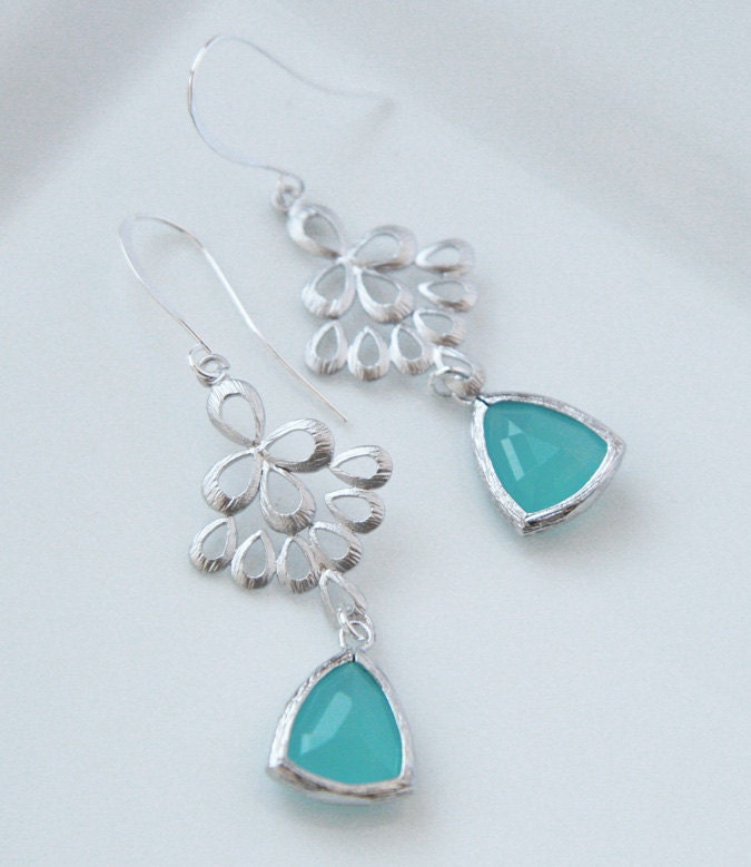 25% Off Earring Sale - Silver Earrings - Mint Glass Earrings, Diamond Shaped Teardrop