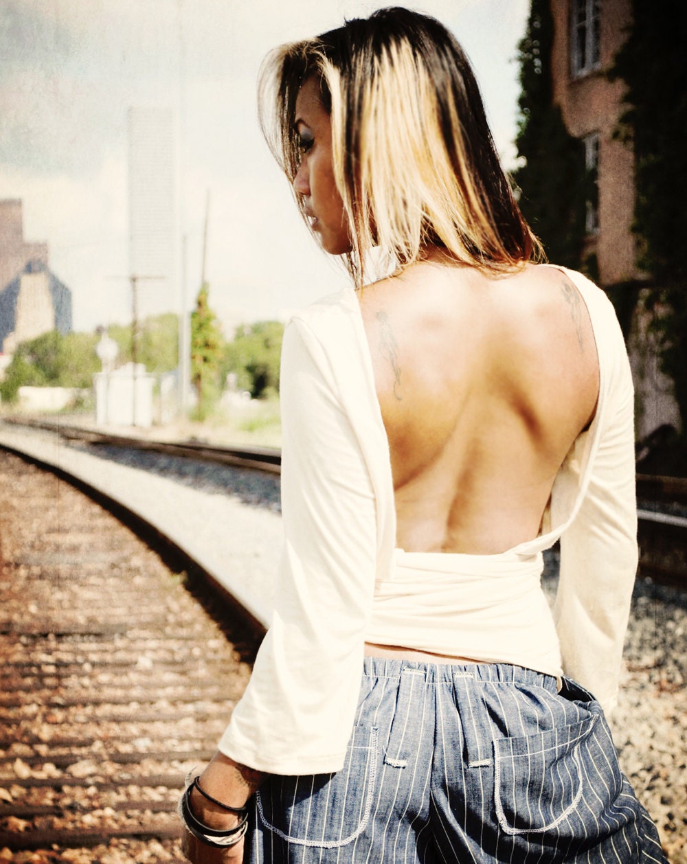 Wrap Top Backless Womens Clothing Knit Back Out Bow in Cream Ecru Ivory