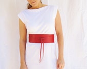 Obi Belt Leather Womens  Japanese Style Red Pinstrap - FineThreadz