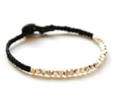Woven silver bead bracelet  -New Chunky Fine Silver faceted Friendship bracelet -on Black waxed Irish linen cord