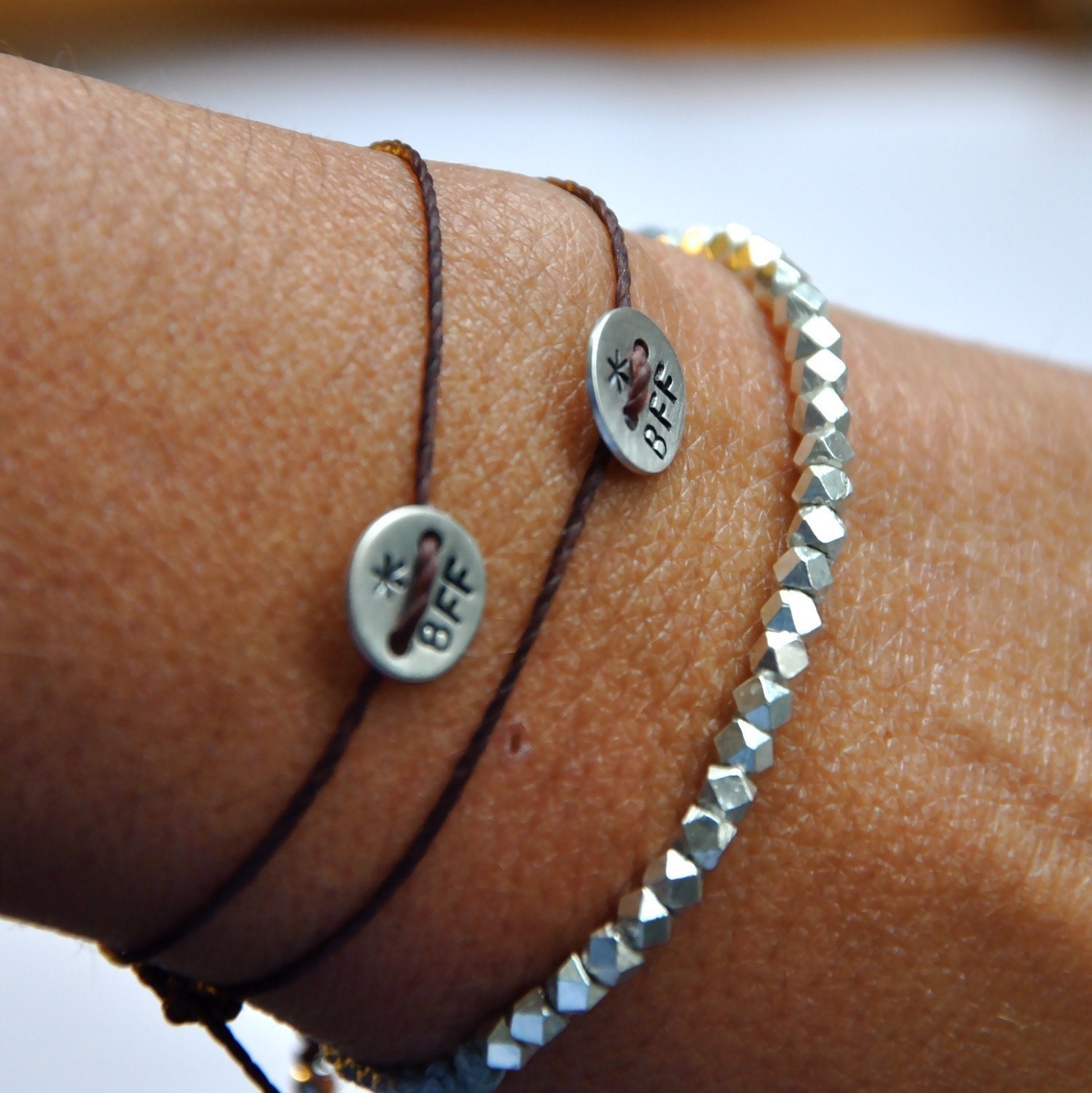 BFF friendship bracelet,  SET of 2 hand stamped bracelets in sterling silver and waxed cord