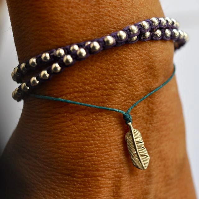 Silver feather Wish bracelet - sterling silver cutest feather charm  -  teal blue waxed irish linen cord