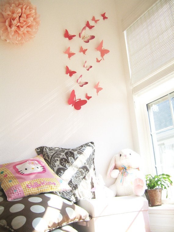 15 3D Paper Butterflies, 3D Butterfly Wall Art, Wall Decor, Butterfly Silhouettes, Red, Pink,Nursery, Baby, Wedding, Baby Shower, Girls Room