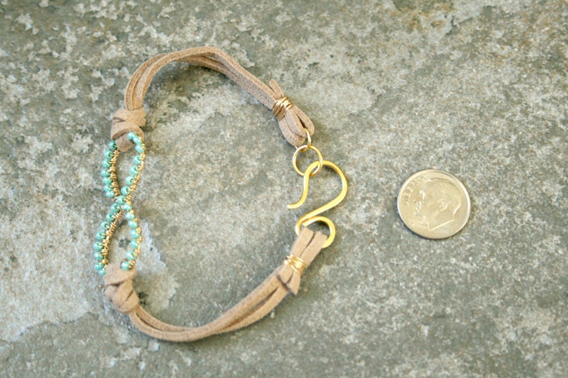 Turquoise Infinity Bracelet Wire Wrapped Gold Brass and Suede MADE TO ORDER
