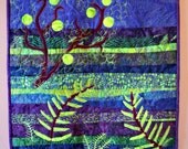 quilts, art quilt, applique abstract wall hanging in lime green and purple