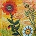 A fiber art wall hanging, an art quilt with modern stylized flowers in tangerine,yellow, green applique