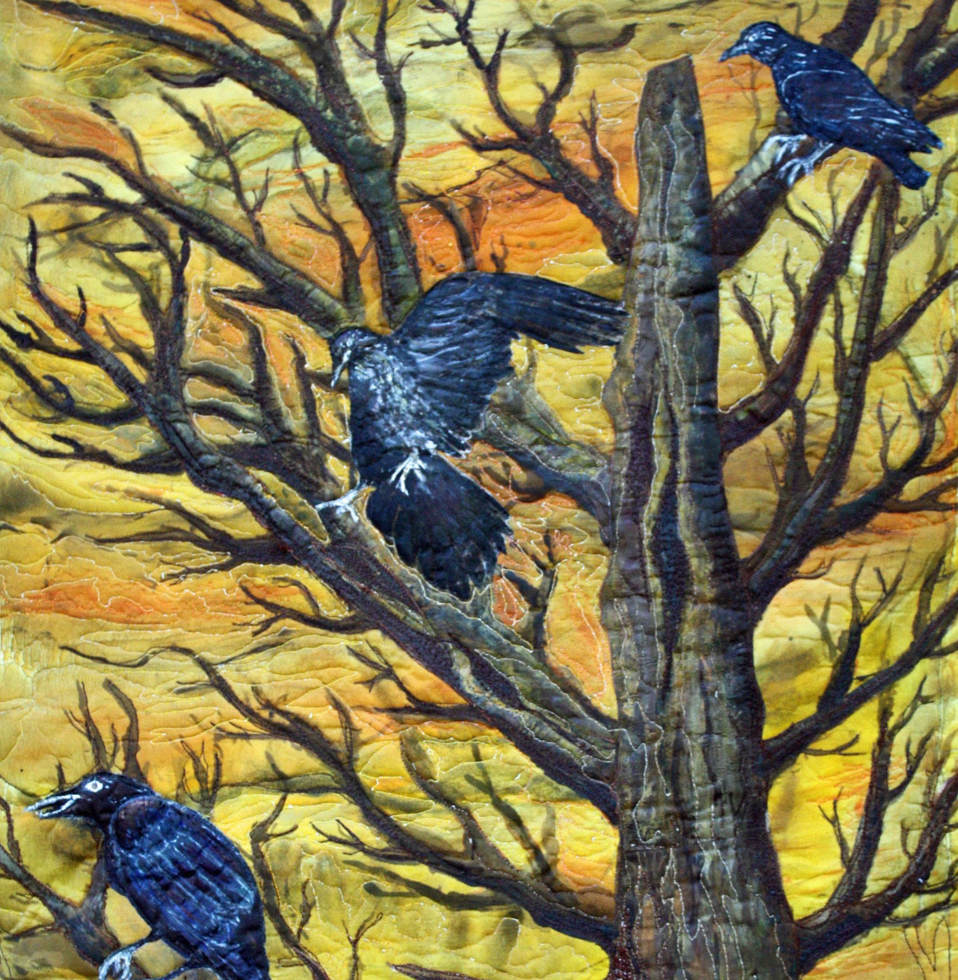 wall hanging art quilts ravens brown gold and rust