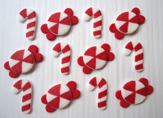 Christmas Fondant Cupcake Toppers - Candy Canes, Peppermints - Edible Toppers Il_570xn