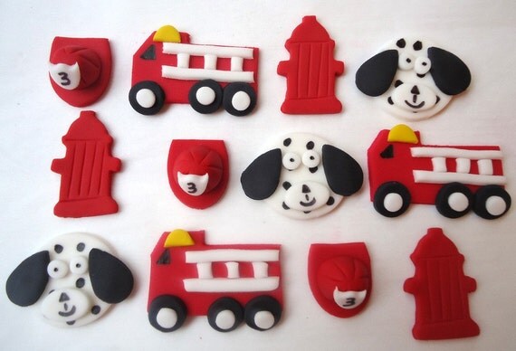Edible Cupcake Decorations - Fire Truck, Fire Fighter, Fireman - Fondant Toppers Il_570xn