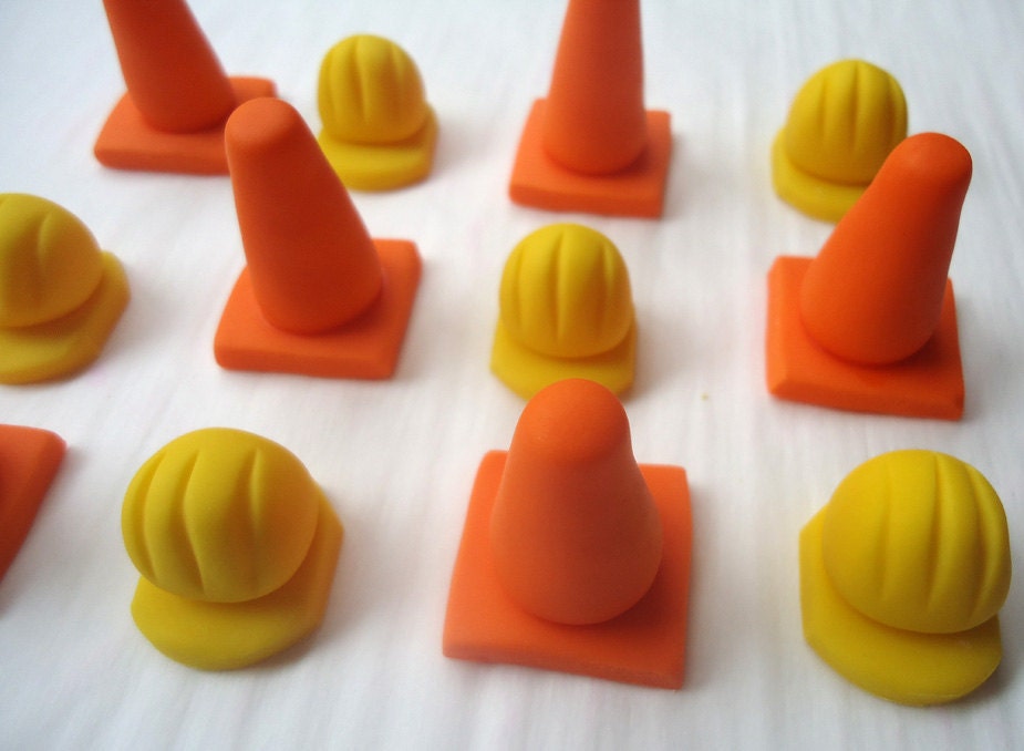 Fondant Cupcake Toppers - Construction Hard Hats and Cones - 3D Il_570xn