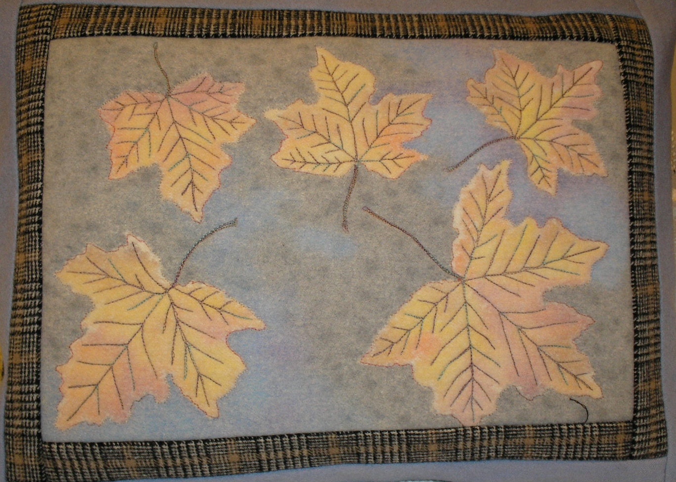 Quilted Wool Pillow, Fall Leaves Hand Painted on Upcycled Wool, Cabin, Cottage, Lodge