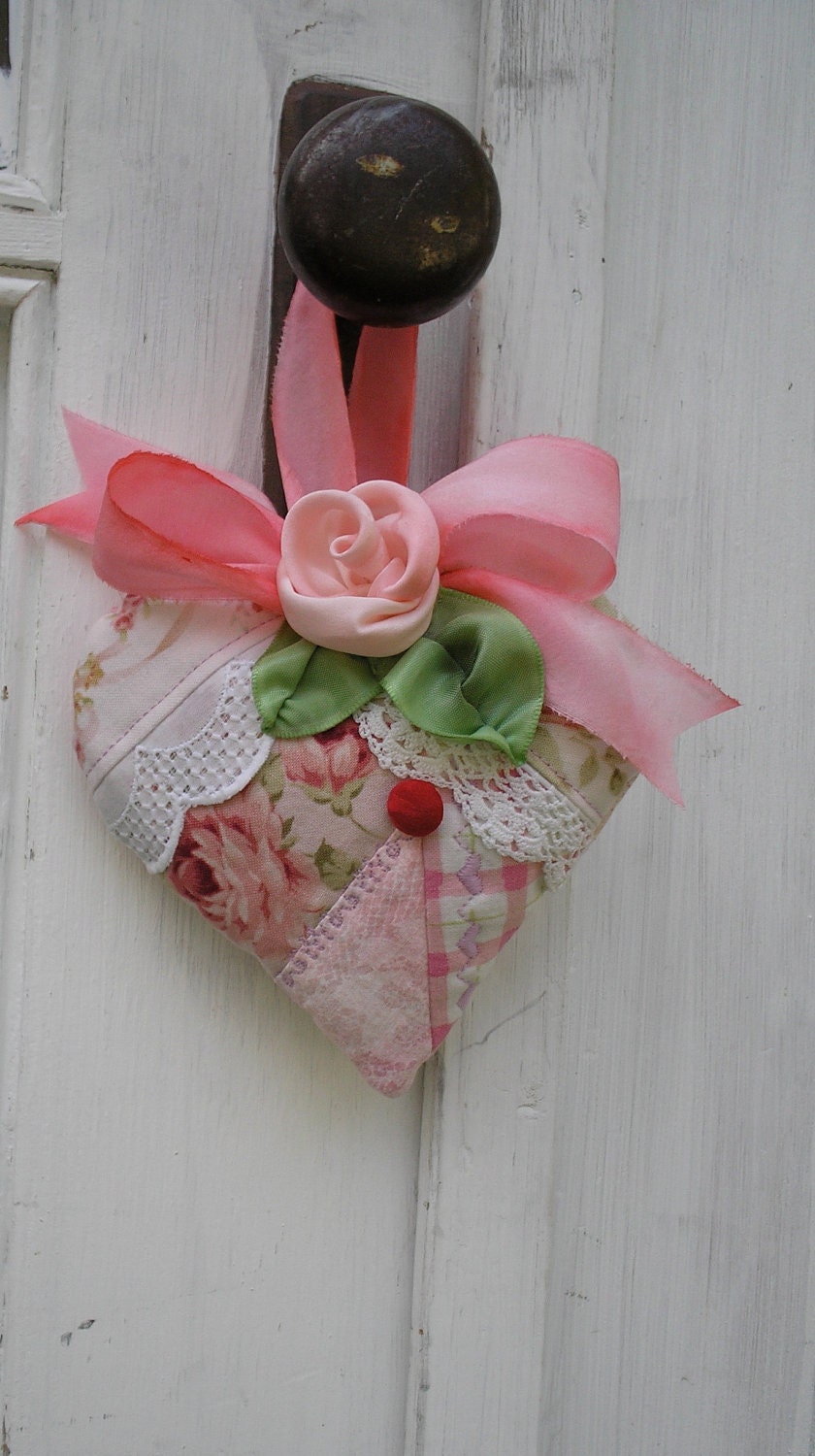 Quilted Heart Lavender Sachet - Pink Patchwork with Vintage Crochet and Silk Rose Christmas Gift
