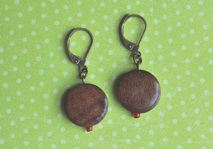 Dark Wood Earrings - small round dangle antique brass simple everyday jewelry - adenandclaire