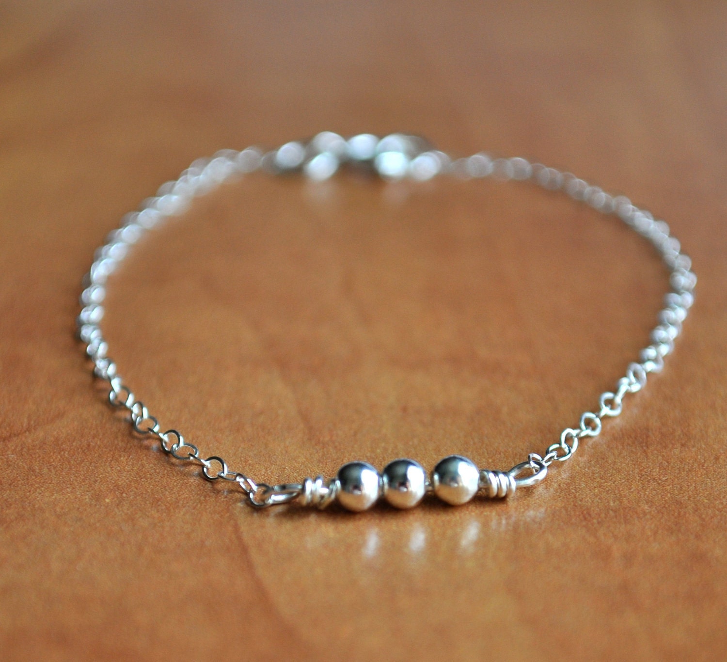 Sterling Silver Beaded Bracelet - delicate tiny beaded three peas in a pod bracelet - simple everyday dainty jewelry - adenandclaire