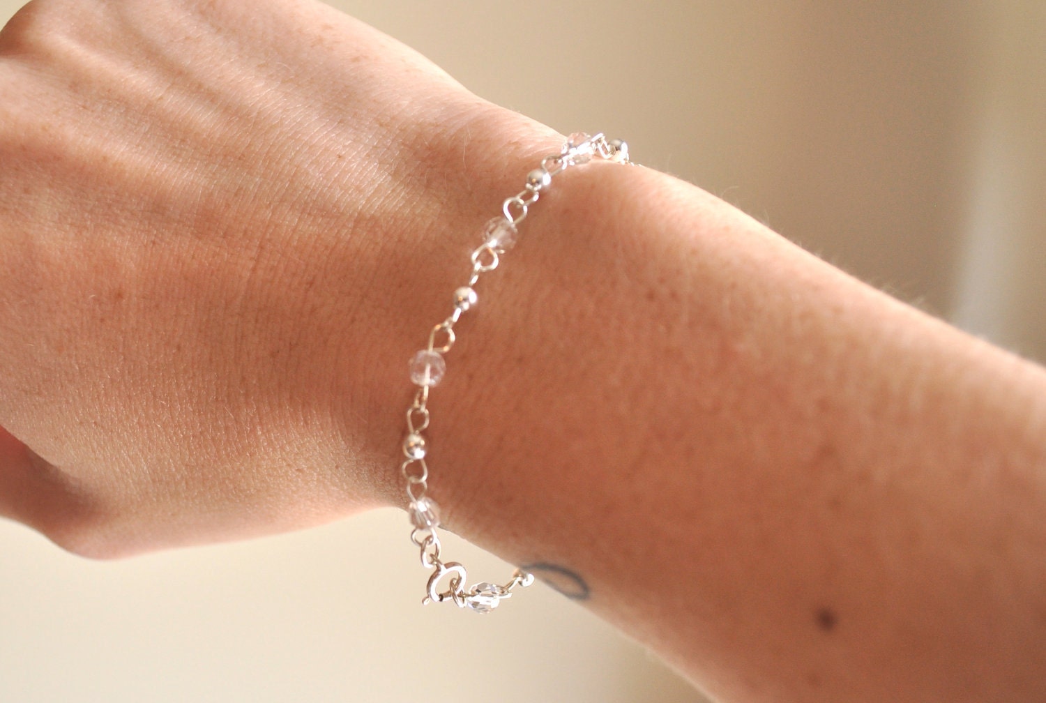 Silver Dream Bracelet  - clear swarovski crystal sterling silver beaded sparkle - simple wedding or everyday jewelry