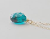 Teal Drop Necklace - blue green quartz aqua stone briolette teardrop solitaire gold filled - simple everyday or wedding jewelry
