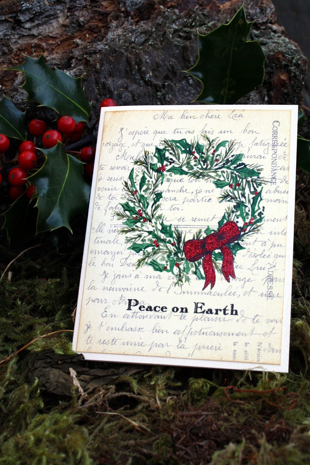 SALE 30% OFF - Evergreen Wreath Peace on Earth Handmade Holiday Greeting Card - Free US Shipping - Regular Price 4.50