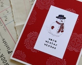SALE 30% OFF - Snowman Handmade Greeting Card Warm Winter Wishes on Berry Red Handstamped - Free US Shipping - Regular Price 4.50