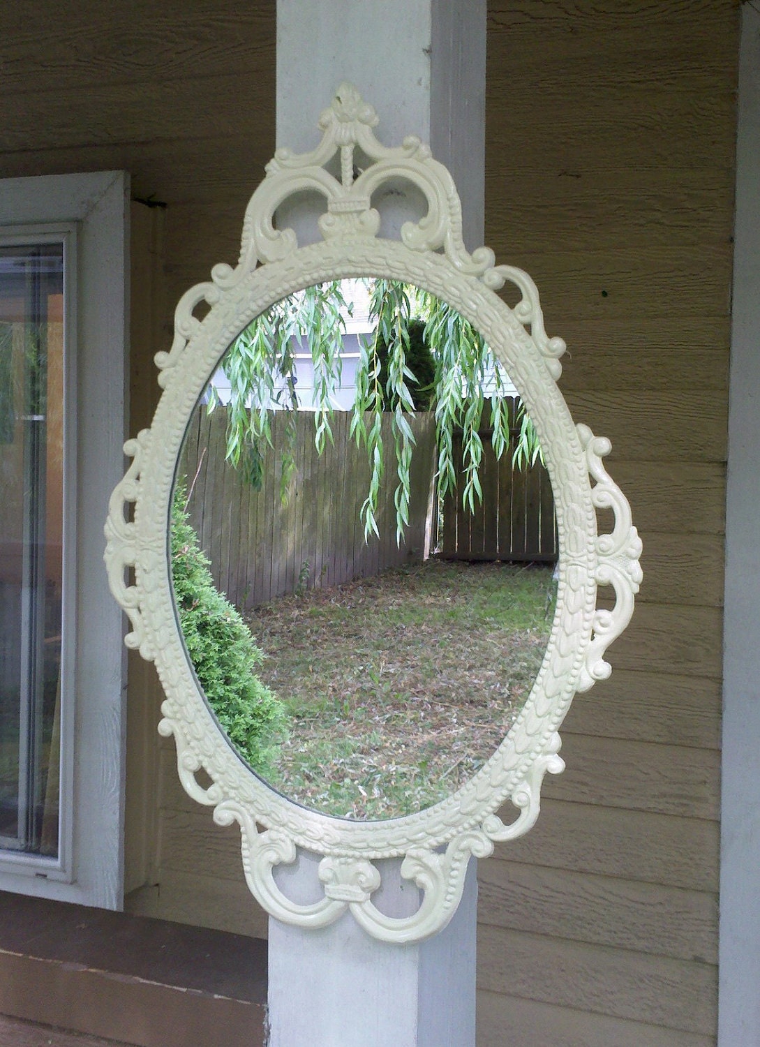 Ornate Oval Mirror in Vintage Metal Frame - 17 x 12 inch Handpainted Brass in Vintage White