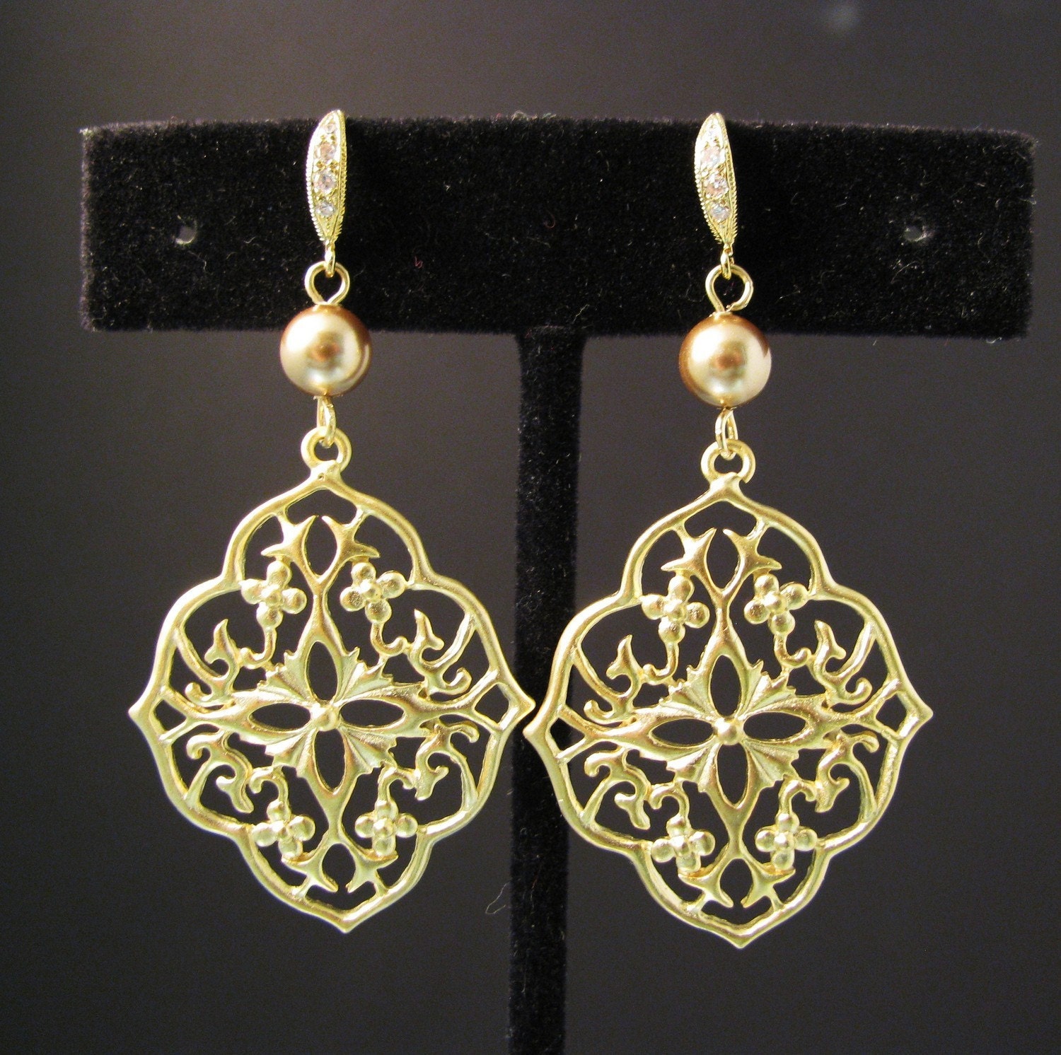 Golden filigree shield pendant earrings with blonze swarovski pearls and sterling silver hook- Free US shipping