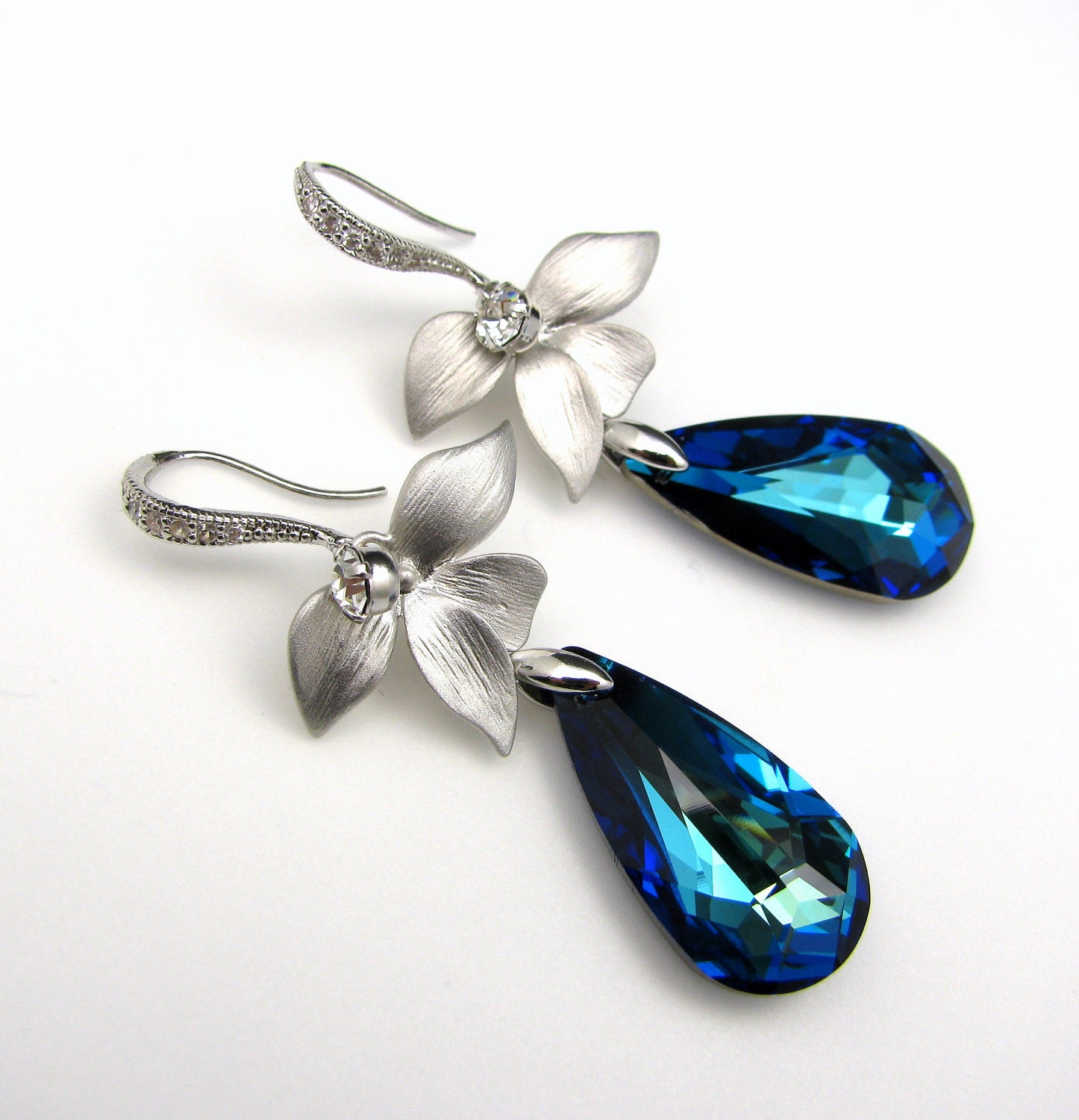 bridal Jewelry prom party gift pageant wedding earrings swarovski bermuda somthing blue teardrop on cz sterling silver hook orchid flower
