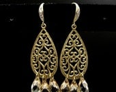 gold filigree metal teardrop earrings with golden shadow swarovski crystal - Free US shipping