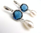 Set of 5 Bridesmaid jewelry bridesmaid earrings bridal party gift swarovski pear pearls Sapphire blue crystal quartz connectors silver hook