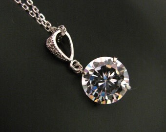 Simple bridal wedding Sterling silver necklace with round cubic zirconia pendant - Free US shipping