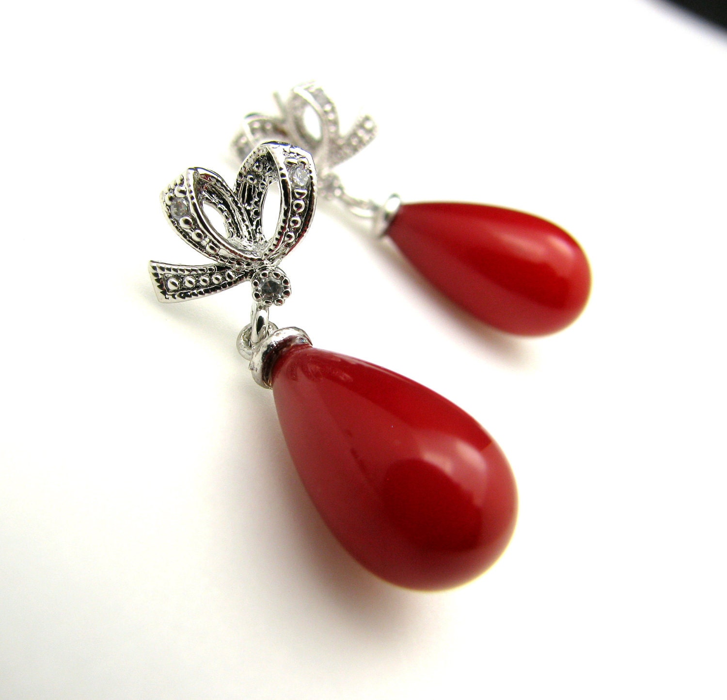 red coral pearl earrings with cubic zirconia deco ribbon cubic zirconia post earrings- Free US Shipping