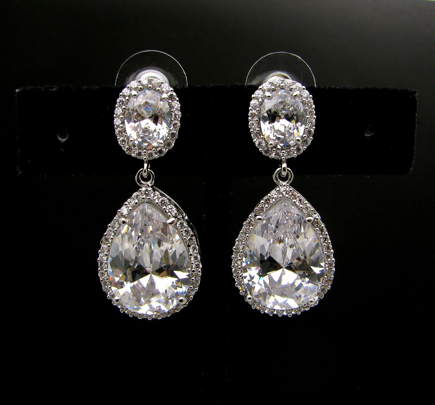 wedding jewelry bridal jewelry wedding earrings bridal earrings Clear white teardrop AAA cubic zirconia on oval cz post