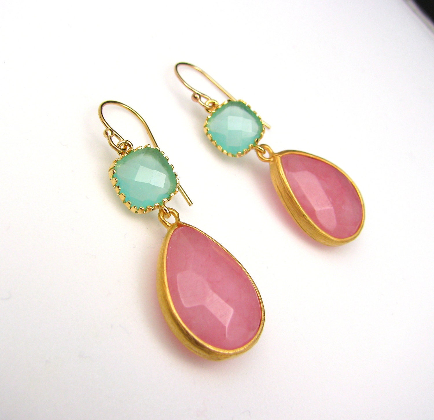 gold plated brass framed pink jade teardrop with ice mint green square connectors and gold hook. - Free US shipping