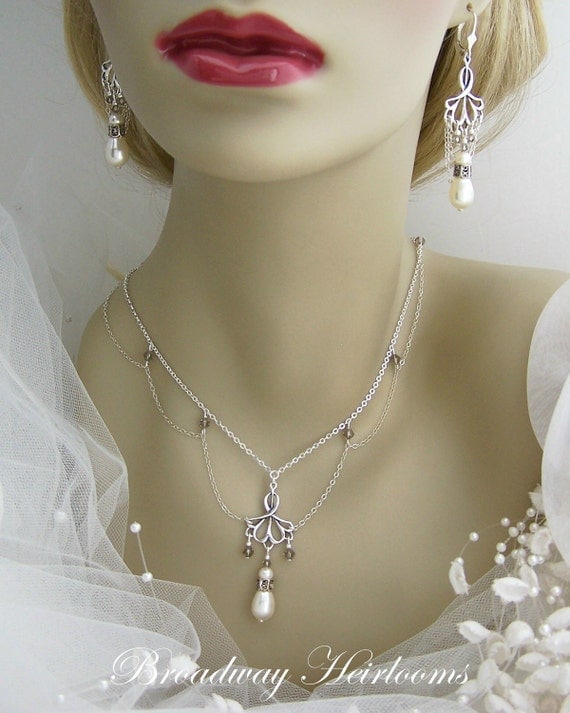 Art Deco Bridal Jewelry Pearl, Crystal and Sterling Silver Bridal