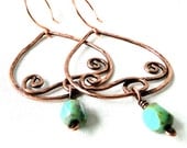 Antiqued Copper Earrings, Hammered Jewelry, Handcrafted, Wire Wrapped, Pear Swirl Earrings