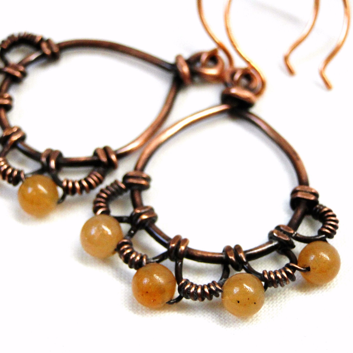 SALE - Wire Wrapped, Antiqued Copper, Peach Aventurine, Wire Lace, Teardrop Earrings